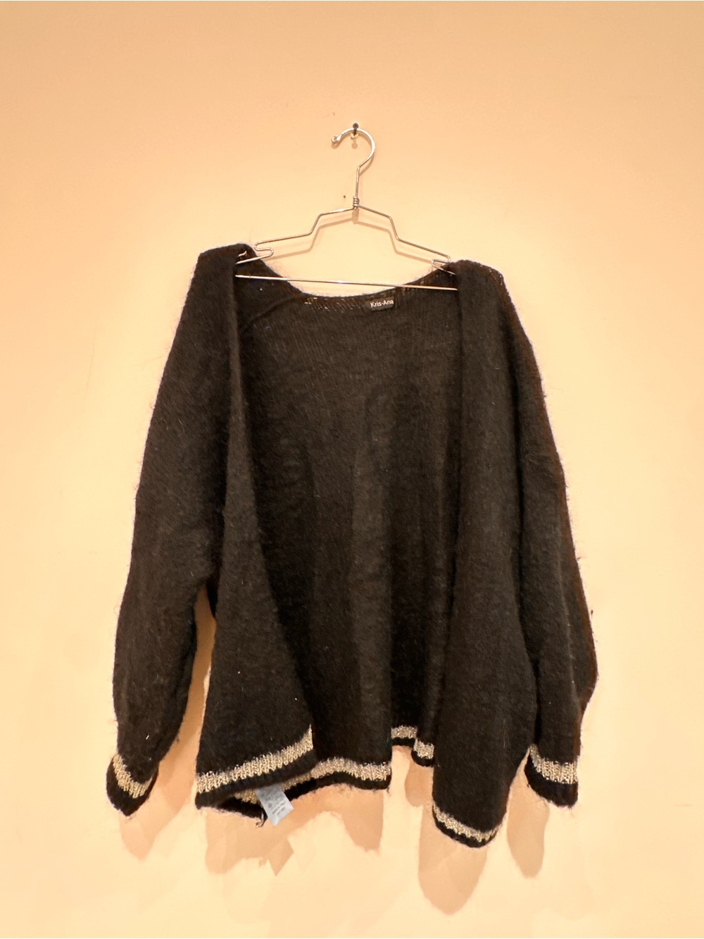 Knit Open-Front Black Cardigan with Contrast Trim